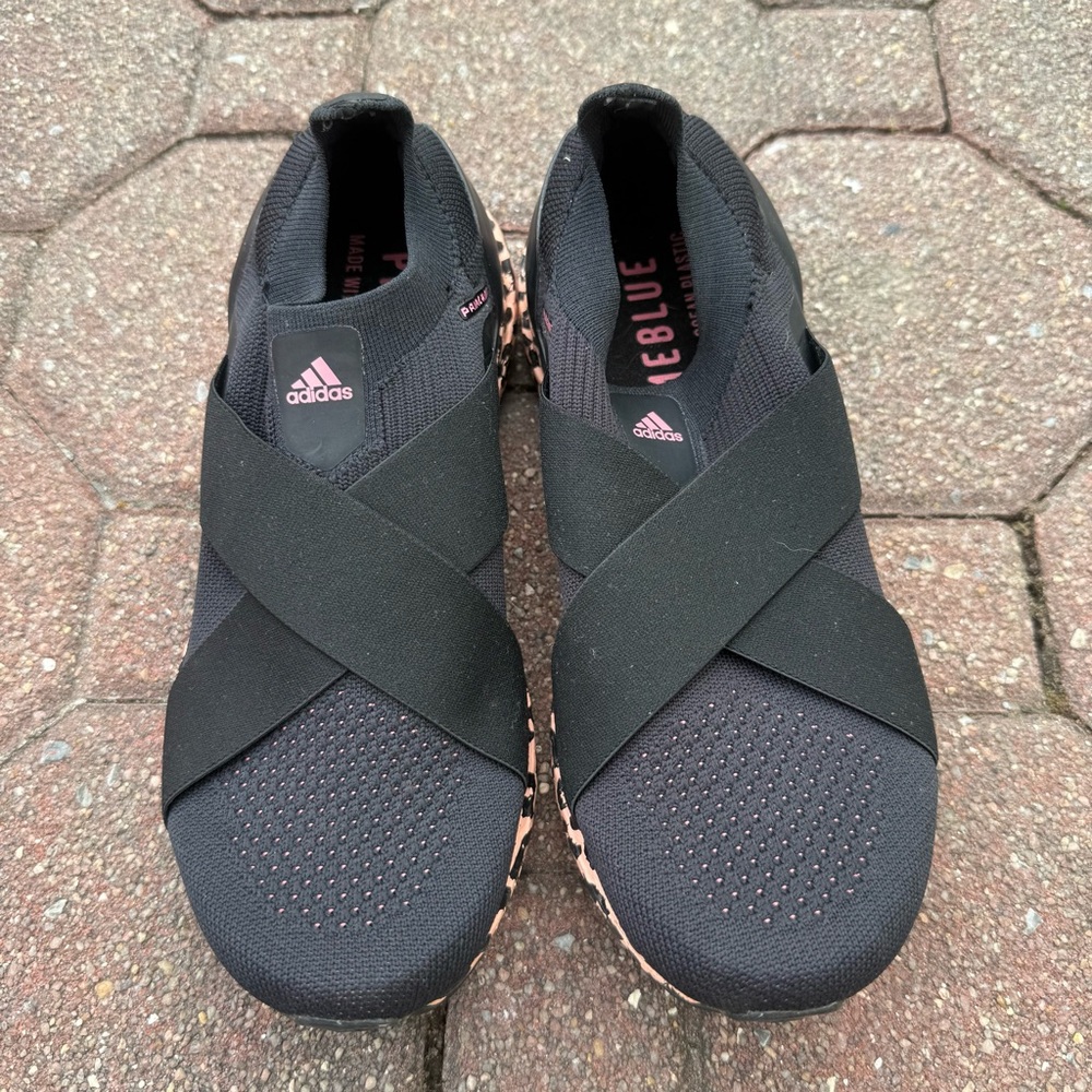 adidas Ultraboost Black Slip-On Crossband Knit Sneakers with Pink Accents